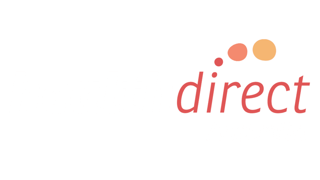 Logo of Healthdirect Australia with "health" in white, "direct" in red, and "Australia" in white. Three dots in red and orange are above the text.