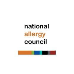 Logo of the National Allergy Council with text in black and orange, above a row of colored rectangles.