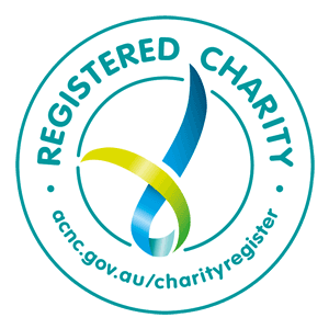 Logo of a registered charity with a blue and green ribbon design, and text: "acnc.gov.au/charityregister."
