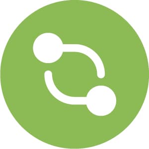 A green circle with two white curved lines connecting two white dots, resembling a stylized network or connection symbol.