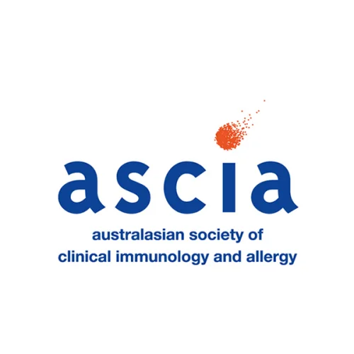 ASCIA logo with blue text "Australasian Society of Clinical Immunology and Allergy" and an orange dot over the "i" resembling a burst.