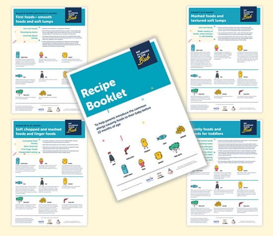 Five pages of a recipe booklet for preparing soft and mashed foods for toddlers, featuring text, illustrations, and colourful headings.