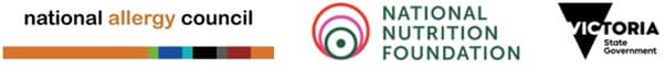 Logos of the National Allergy Council, National Nutrition Foundation, and Victoria State Government, each with distinct designs and colours.
