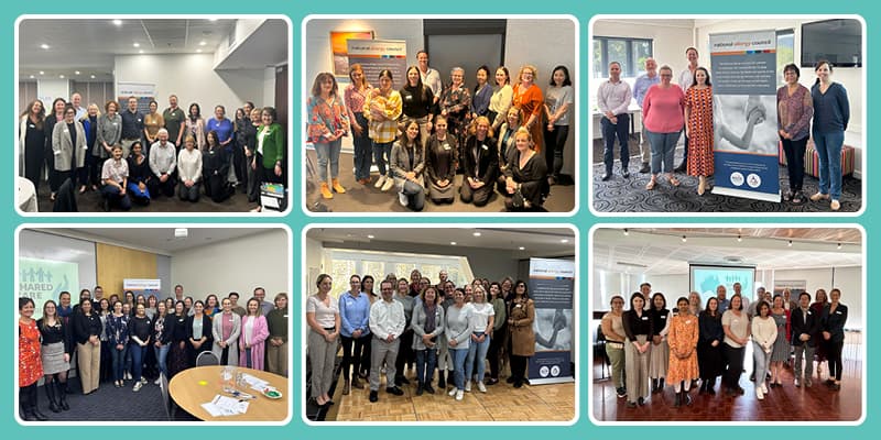 Collage of six group photos with people standing together indoors, featuring informational banners in the background.