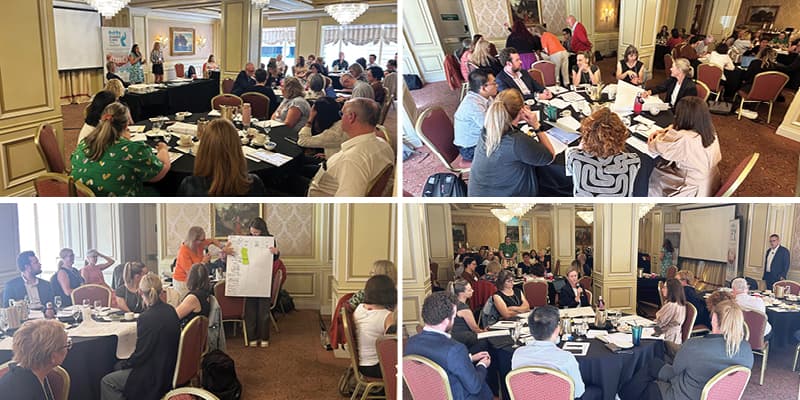 Collage of four images showing groups of people in a conference room engaged in discussions and presentations.