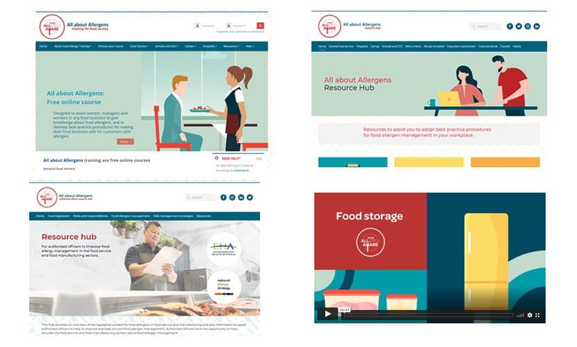 Collage of four website screenshots about allergen resources, featuring illustrations and a video on food storage.