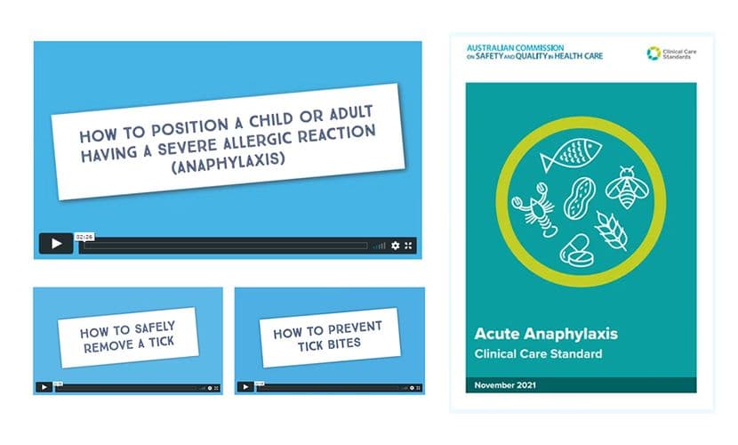 "Instructional slides on anaphylaxis management, including positioning during allergic reactions and tick removal, by Australian Commission on Safety and Quality in Health Care."