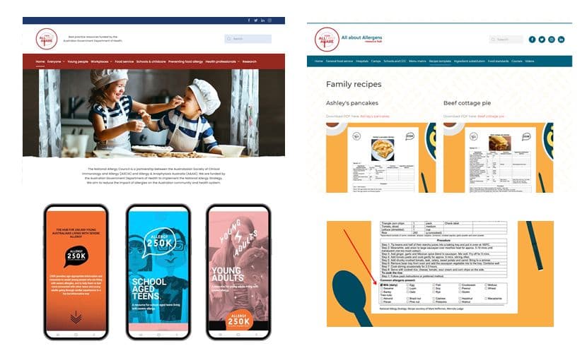 Collage of website and mobile app screens showing recipes, nutritional information, and two children cooking together.