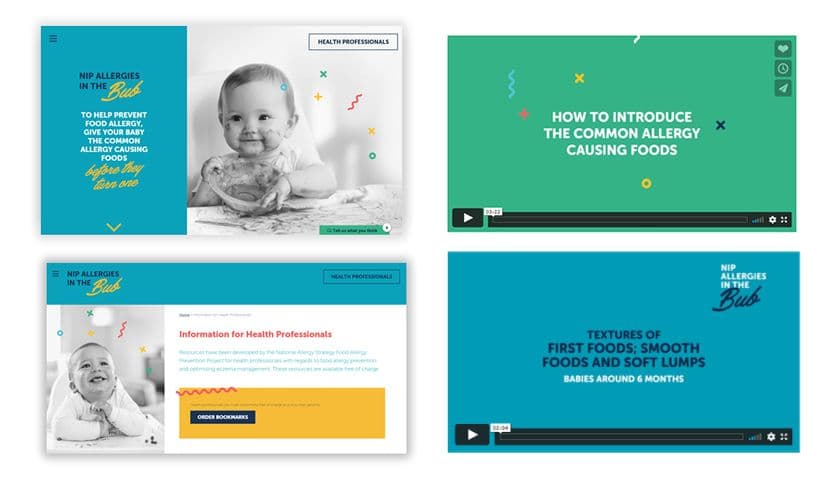 Collage of website pages featuring a smiling baby, text on allergy prevention, and videos about introducing common allergy-causing foods.
