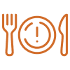 Orange icon of a plate with an exclamation mark, flanked by a fork on the left and a knife on the right.