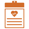 Orange clipboard icon with a heart and heartbeat line at the top, followed by three horizontal lines representing text.