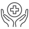 Icon of two hands holding a circle with a medical cross, symbolizing healthcare or medical support.