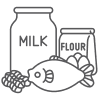 Icons of a milk jar, fish, flour bag, and nuts, representing various food items.