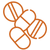 Illustration of four orange capsules, each with a horizontal line, arranged in a cluster.