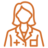 Icon of a person wearing a lab coat with medical symbols, depicted in orange lines.