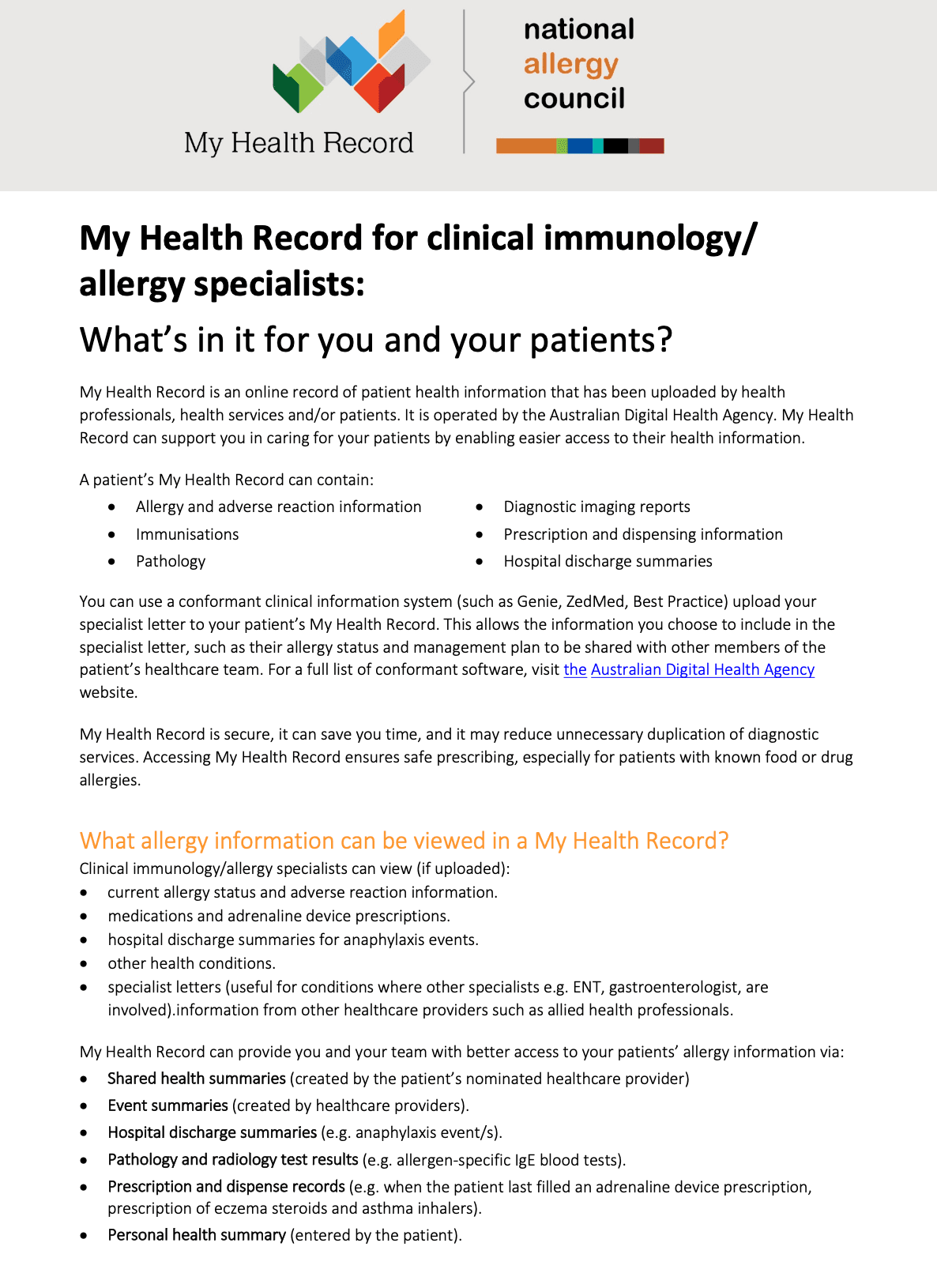 Informational poster about My Health Record for clinical immunology/allergy specialists, detailing benefits and features, with logos of associated organizations.