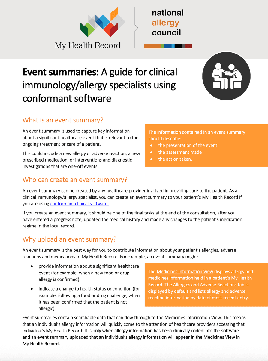Informational flyer titled "Event summaries" by My Health Record and National Allergy Council, detailing event summaries for allergy specialists.