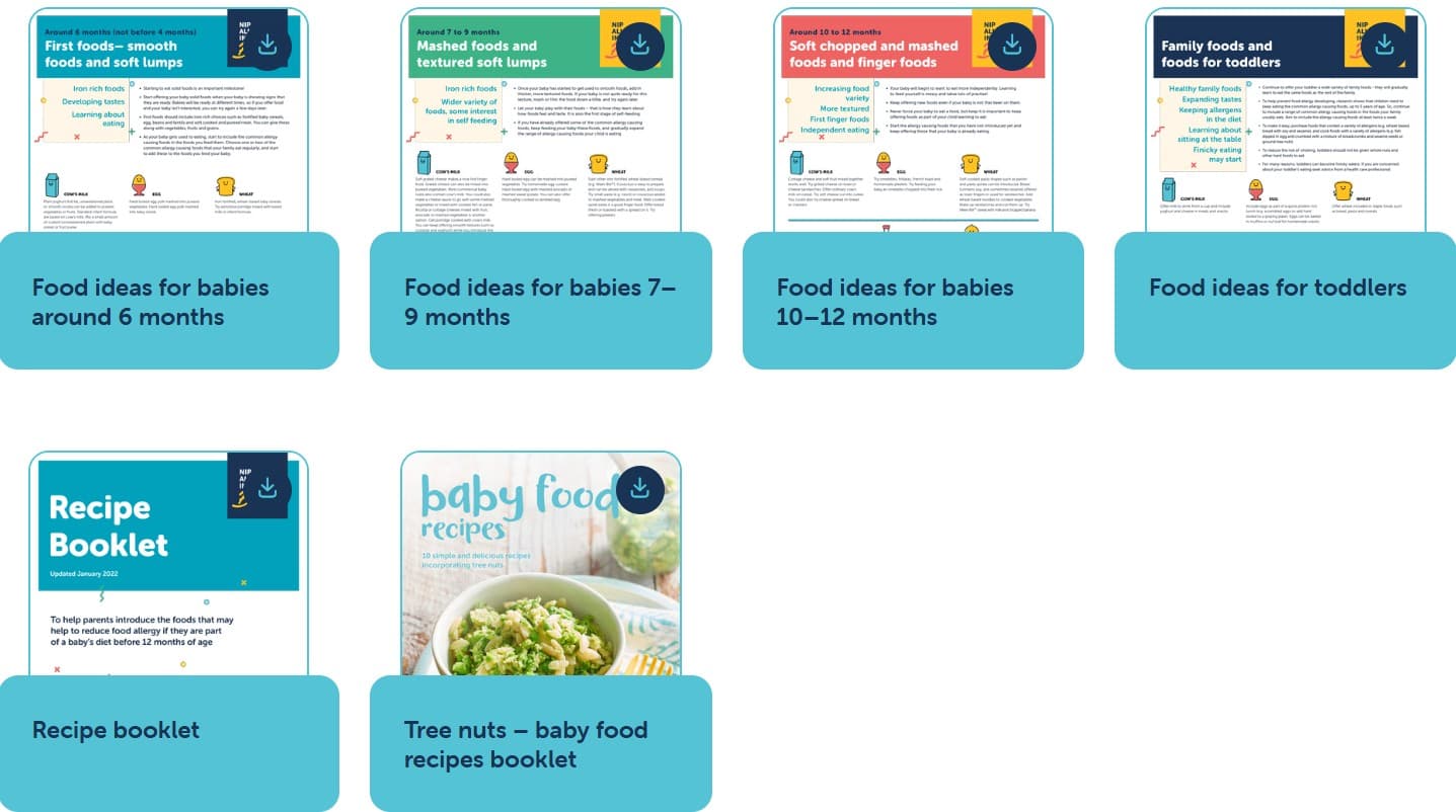 A collection of six baby food recipe booklets, each for different age ranges and needs, with colourful covers and text details.