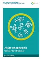 Cover of "Acute Anaphylaxis: Clinical Care Standard," featuring icons of allergens like fish, peanuts, and wheat. November 2021 edition.