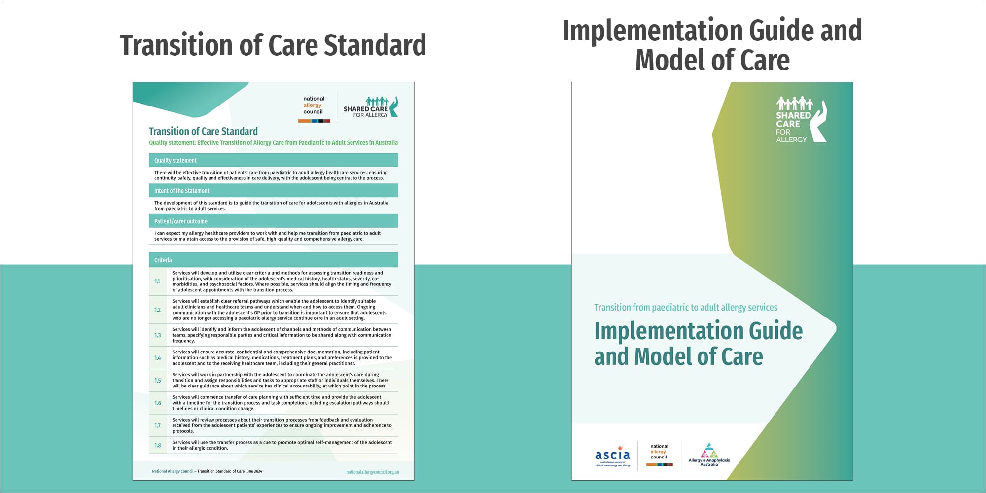 Two documents titled "Transition of Care Standard" and "Implementation Guide and Model of Care" with green and white design elements.