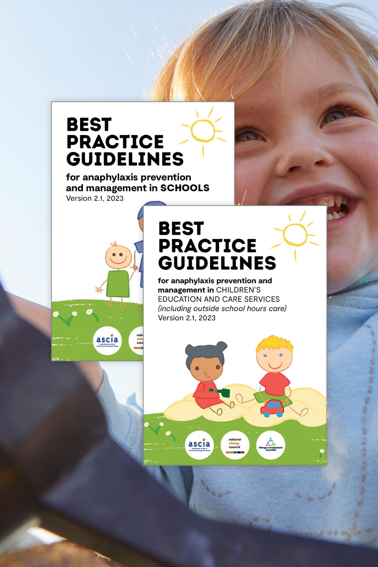 Smiling child in the background with two booklets titled "Best Practice Guidelines" for anaphylaxis management in schools and care services.