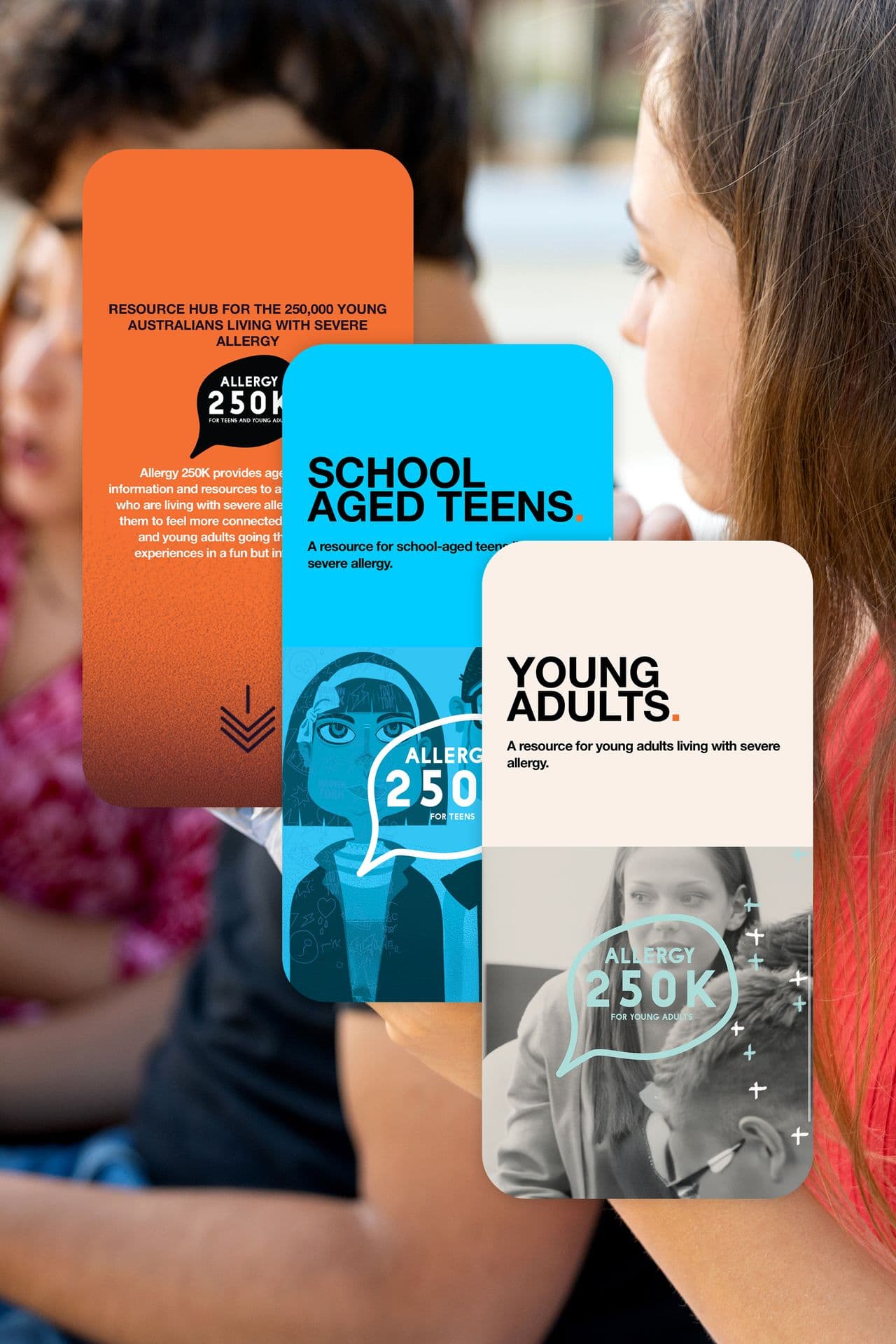 Three colorful cards about allergy resources for young Australians, featuring images of teens and text highlighting age-specific support.