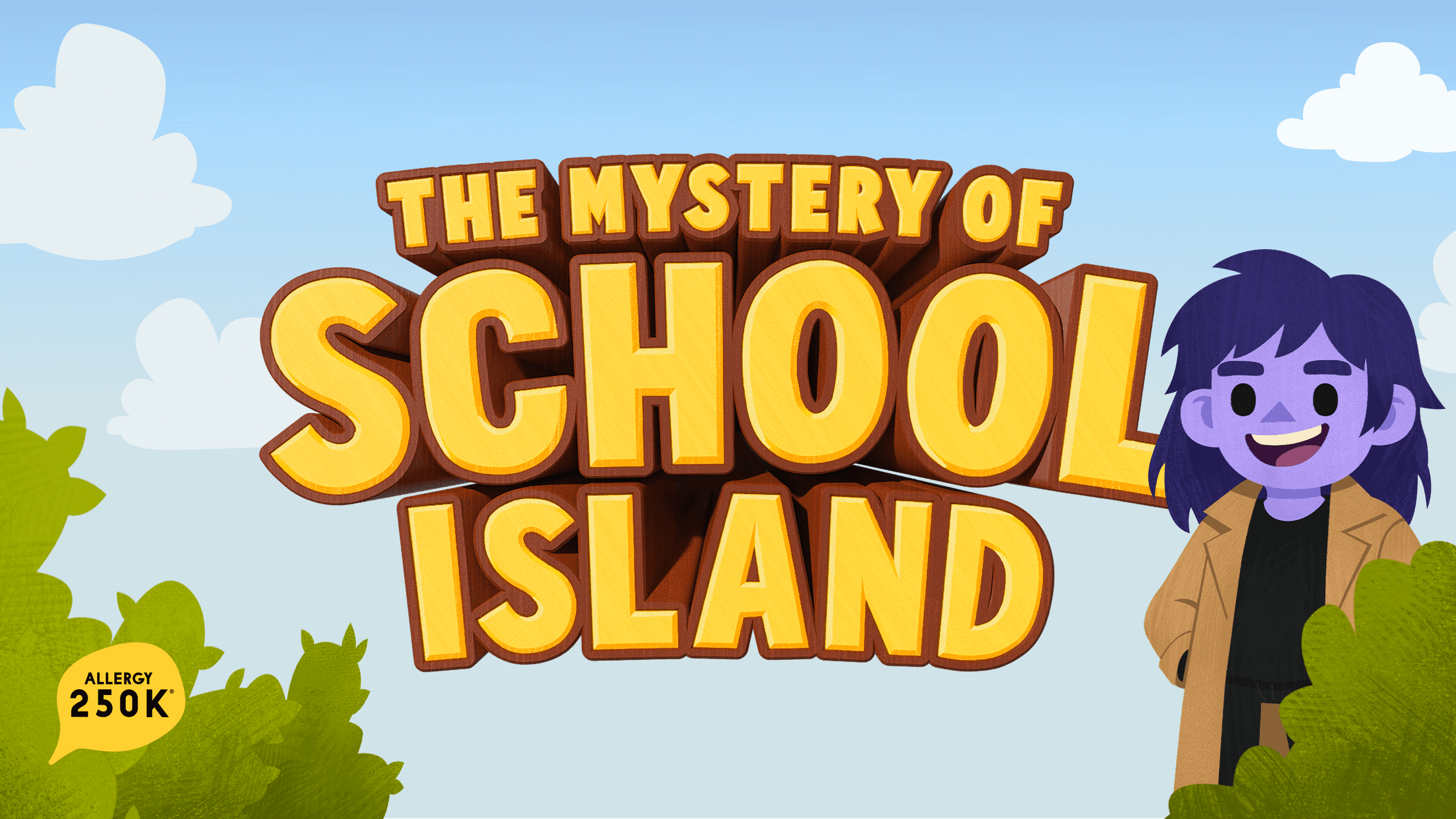 Illustrated poster for "The Mystery of School Island" featuring cartoon character with purple skin, smiling, beside bold yellow text.