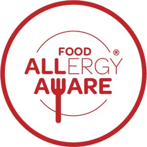 Red circle logo with text "Food Allergy Aware" and a fork symbol, emphasising awareness of food allergies.