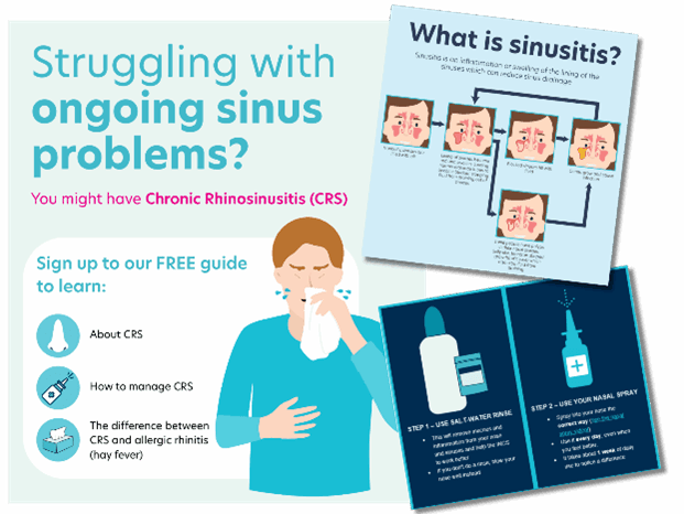 Infographic on sinusitis: symptoms, management steps, and a guide offer. Includes illustrations of sinus areas and nasal spray usage.
