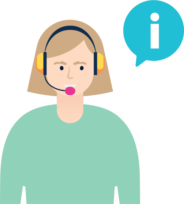 Illustration of a person with a headset and microphone, wearing a green top, next to an info icon in a speech bubble.