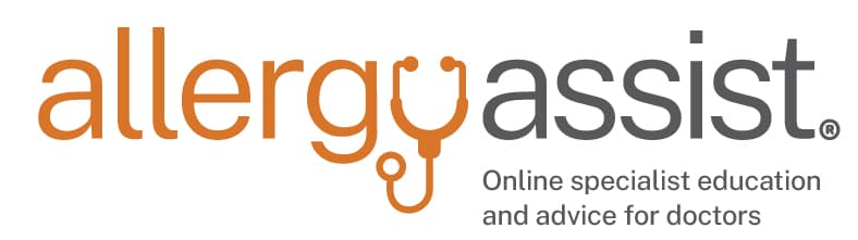 Logo for allergy assist. Text reads: "Online specialist education and advice for doctors."