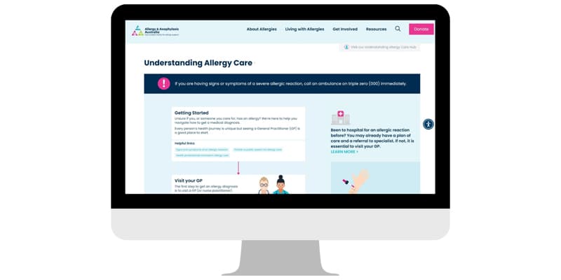Computer screen displaying a webpage titled "Understanding Allergy Care" with text and graphics about allergy management.