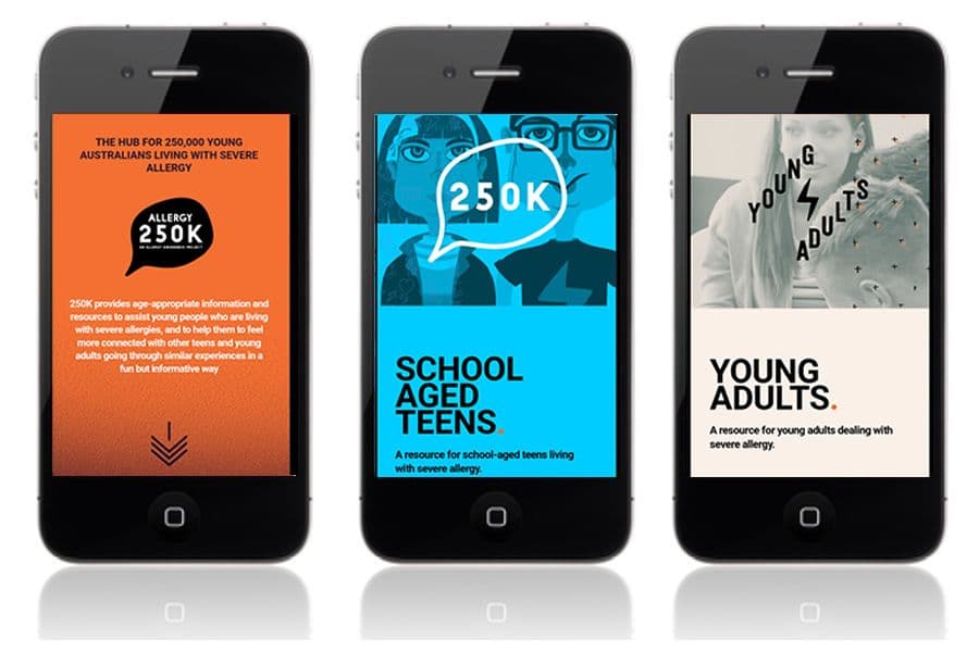 Three smartphones display allergy-related resources for young Australians: "Allergy 250K," "School Aged Teens," and "Young Adults."