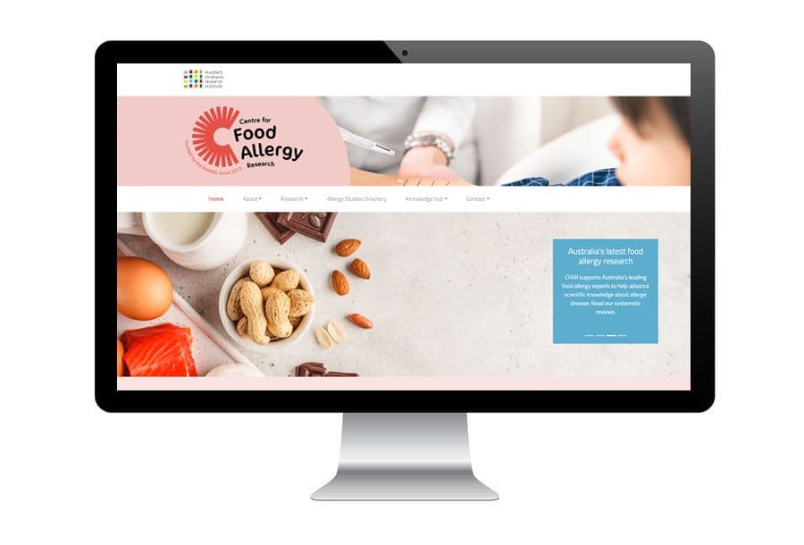 Computer screen displaying a website for the Centre for Food Allergy Research, featuring images of nuts, eggs, and a child.