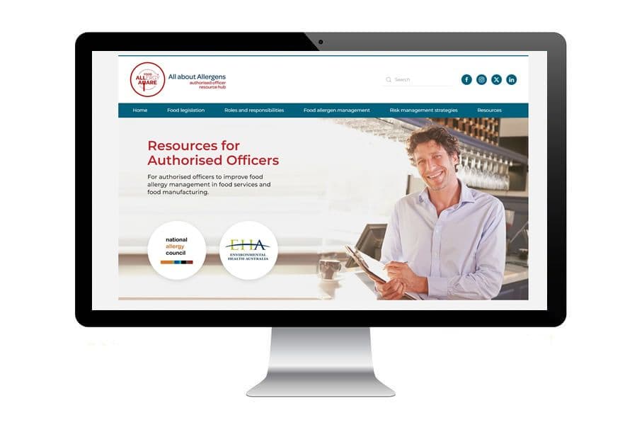 Computer screen displaying a website titled "All About Allergens," featuring resources for authorised officers in food services.