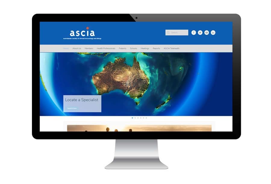 Computer screen displaying the ASCIA website homepage with a map of Australia and surrounding areas.