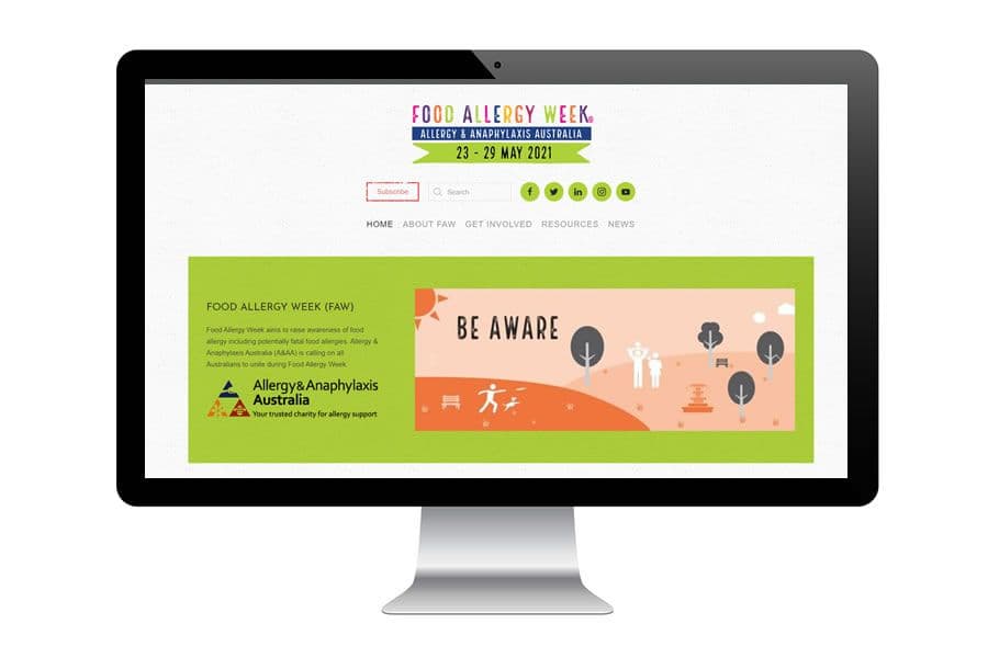 Computer screen displaying a webpage for Food Allergy Week by Allergy & Anaphylaxis Australia, featuring a "Be Aware" banner.