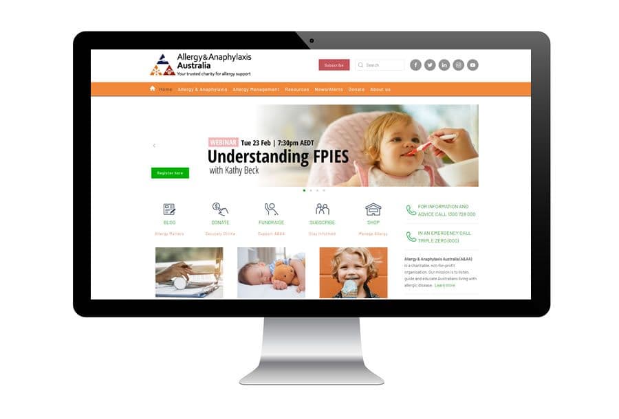 Computer screen displaying a website for Allergy & Anaphylaxis Australia, featuring an event titled "Understanding FPIES" with Kathy Beck.